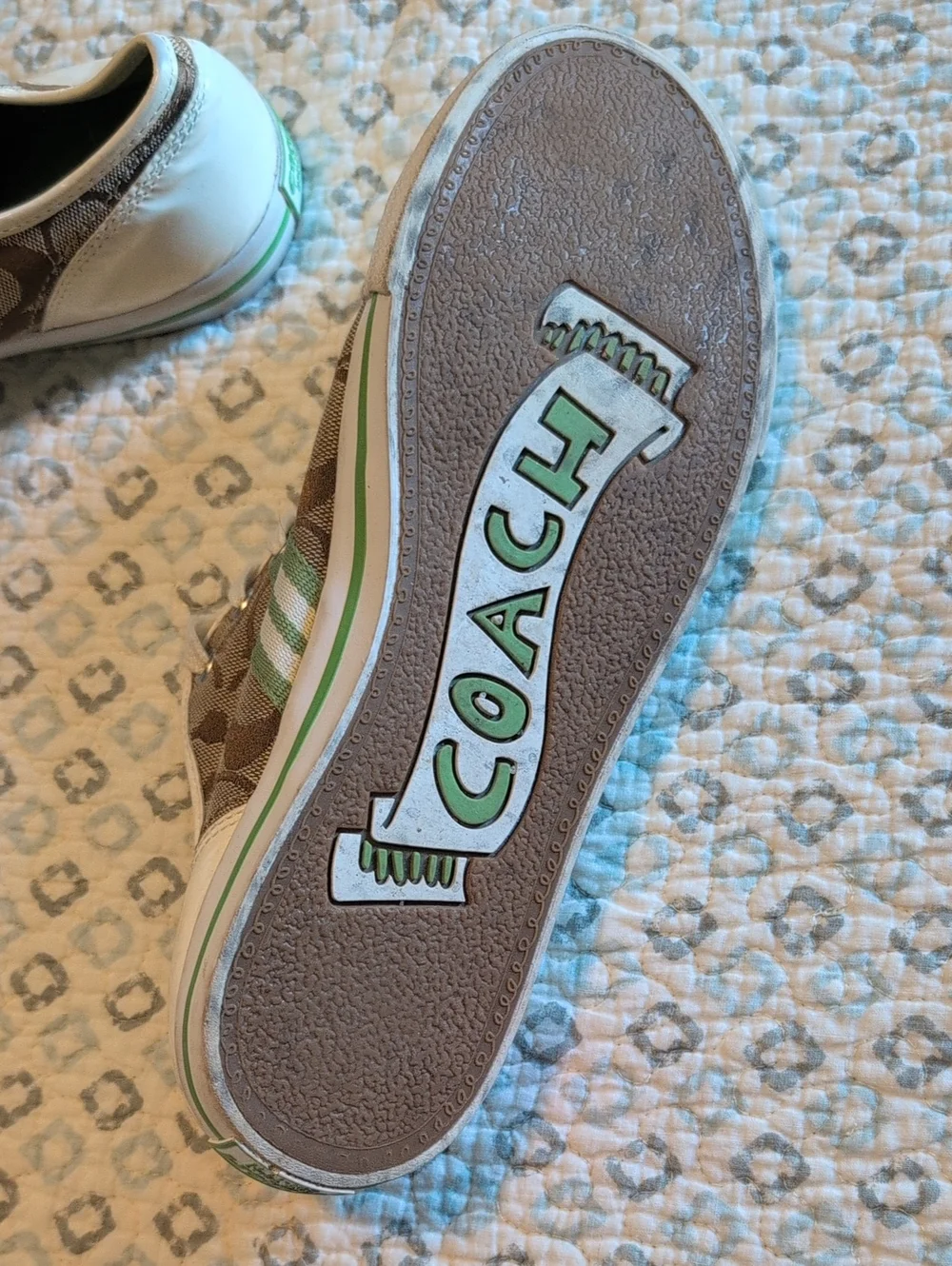 Coach Tan Signature Canvas Sneakers with Green Stripe